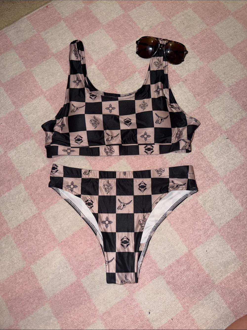 Checkerboard Print Bikini Set in Blush and Black